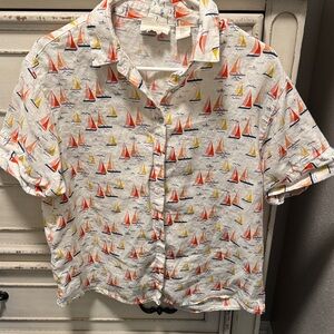 Cynthia Rowley Nautical Linen Shirt with Red and Blue Sailboats